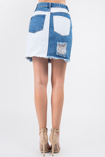 American Bazi Contrast Patched Frayed Denim Distressed Skirts for a perfect OOTD – dress to impress outfits from Amexza