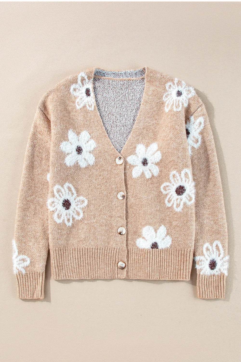 Flower Button Up Long Sleeve Cardigan - Amexza