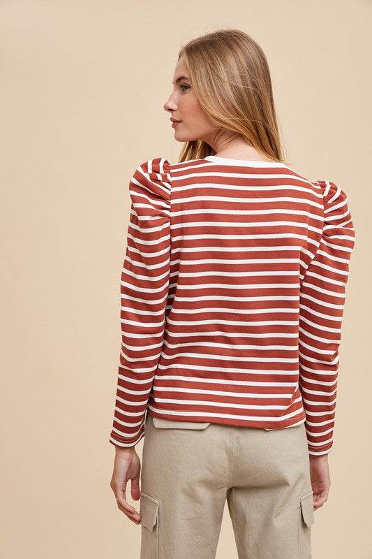 Annie Wear Striped Round Neck Puff Sleeve French Terry Top for a perfect OOTD – dress to impress outfits from Amexza