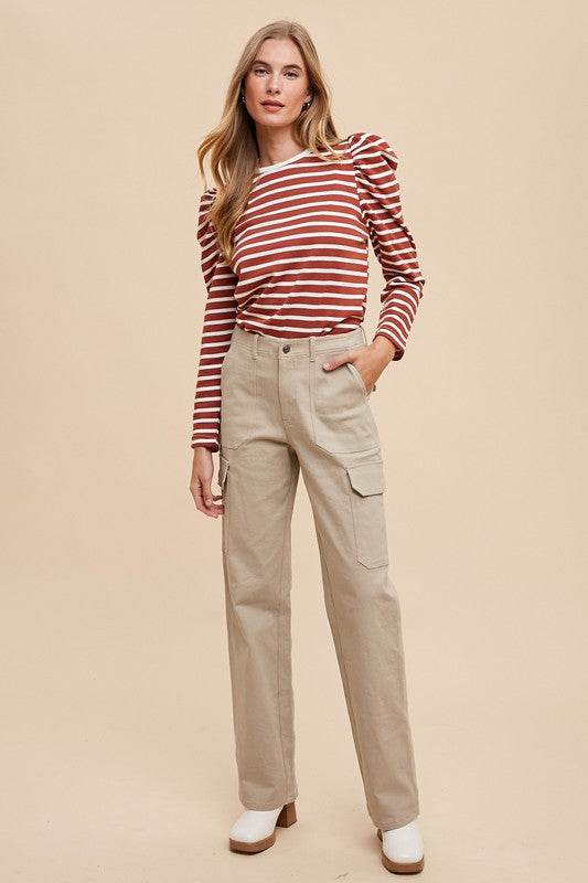 Annie Wear Striped Round Neck Puff Sleeve French Terry Top - Amexza
