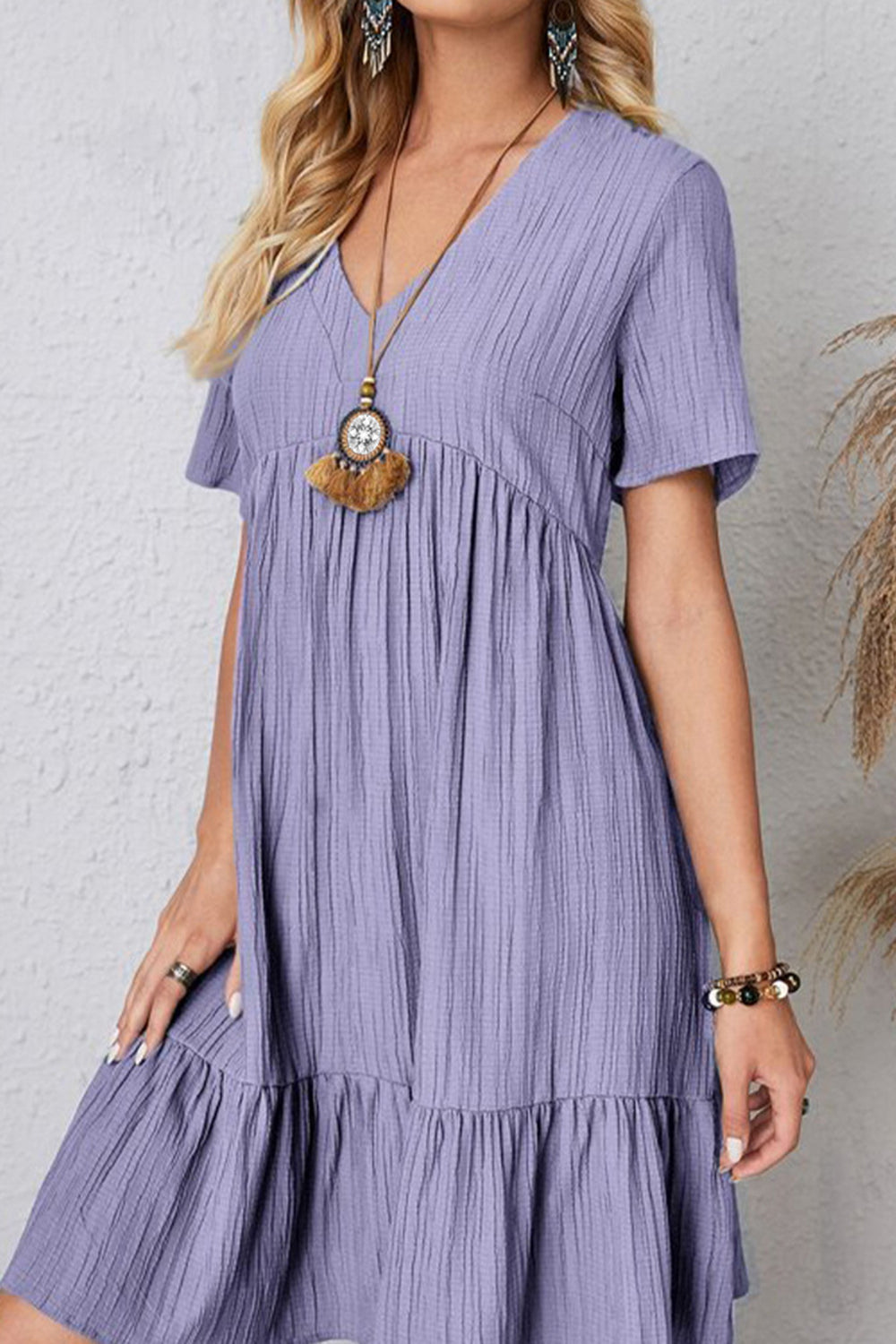 Full Size Ruched V-Neck Short Sleeve Dress - Blue Purple / S