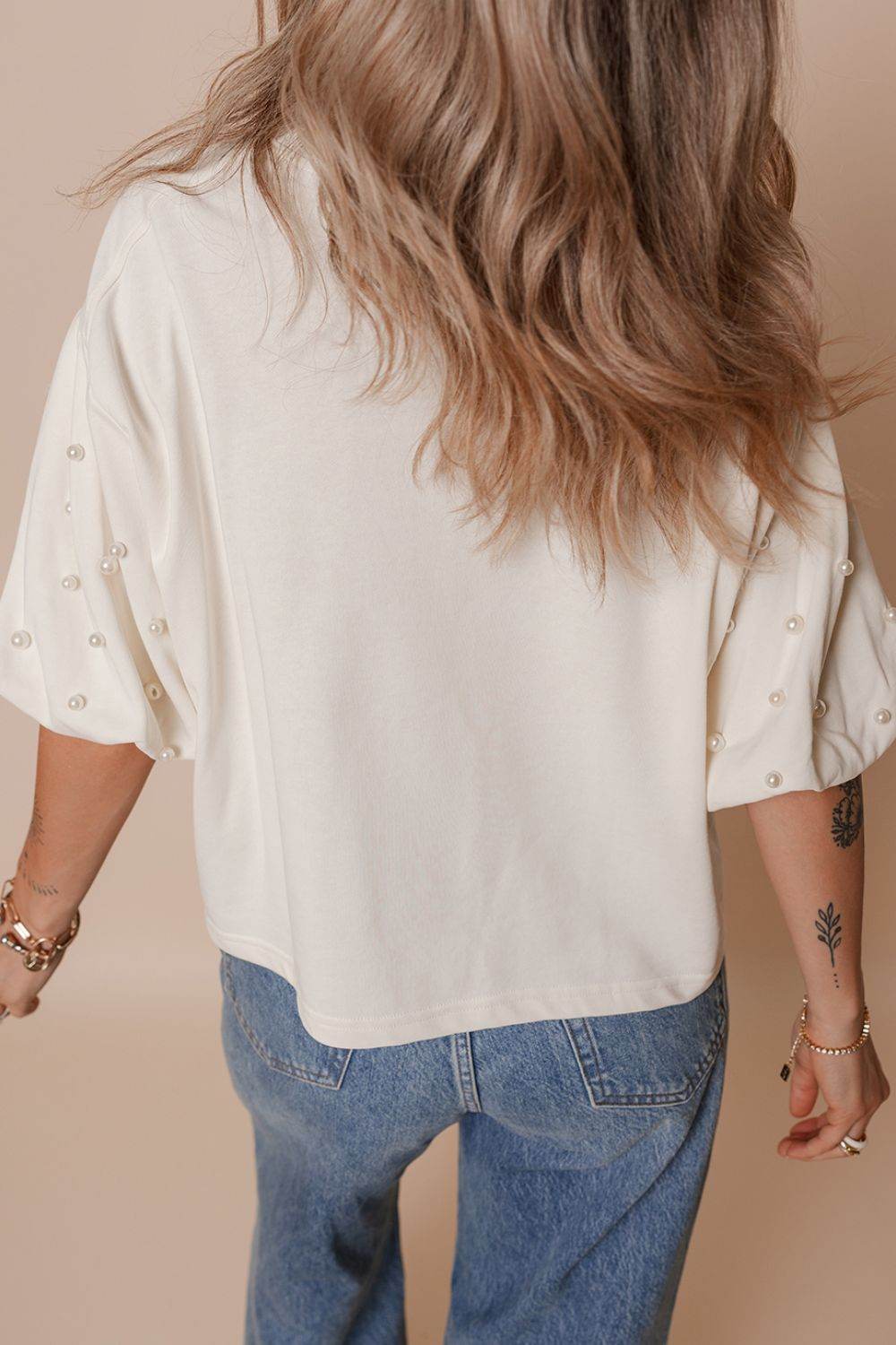 Pearl Detail Round Neck Half Sleeve Blouse - Amexza