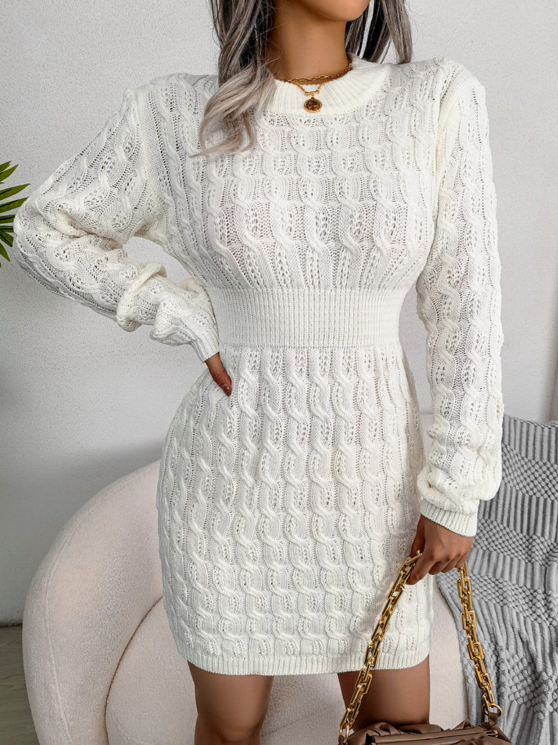 Cable-Knit Round Neck Mini Wrap Sweater Dress