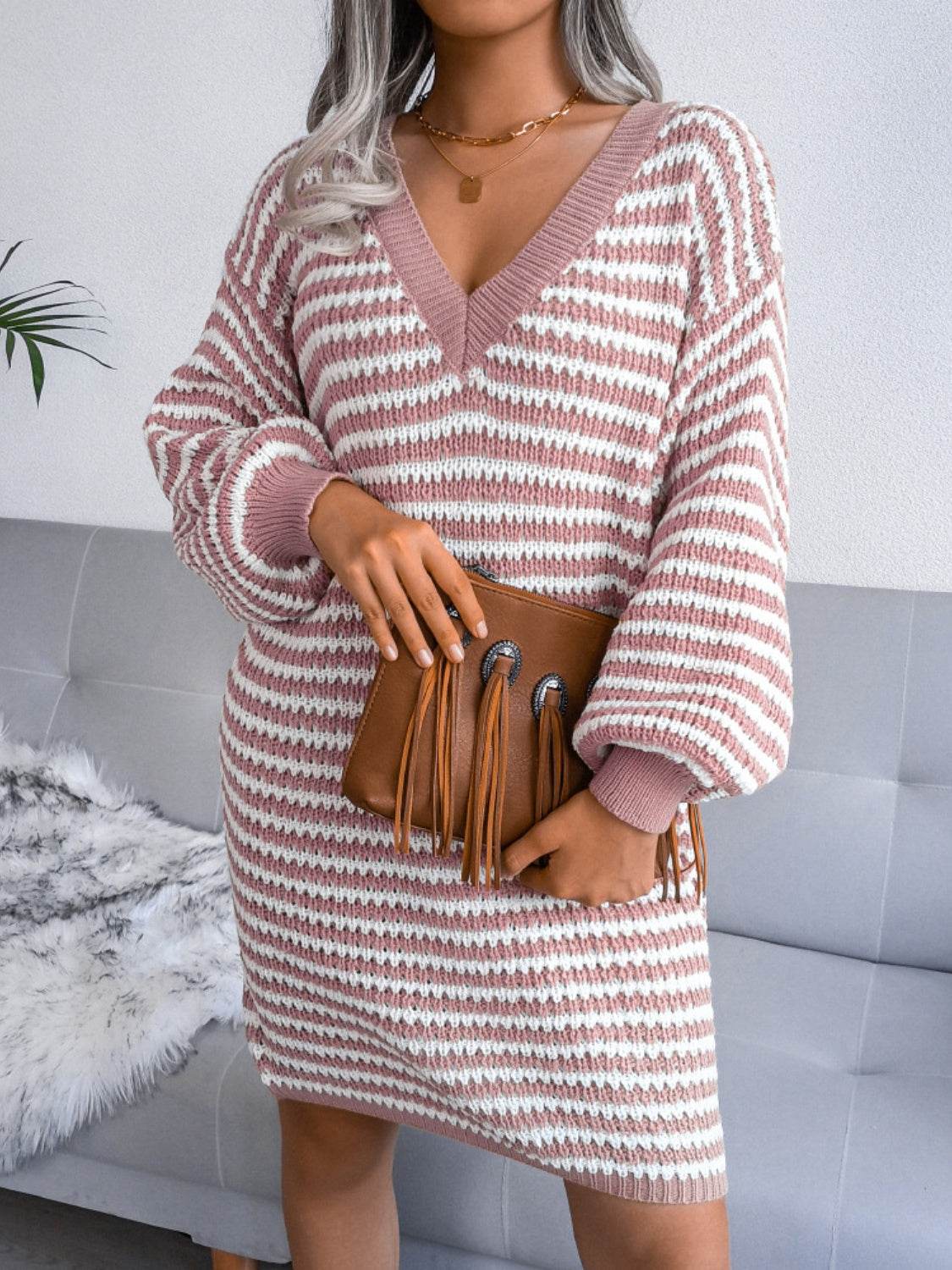 Striped V-Neck Long Sleeve Mini Sweater Dress Dusty Pink for a perfect OOTD – dress to impress outfits from Amexza