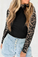 Mock Neck Long Sleeve Lace Patchwork T-Shirt - Amexza