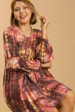 Umgee Full Size Tie Dye Long Sleeve Babydoll Dress with Keyhole Plus Size for a perfect OOTD – dress to impress outfits from Amexza