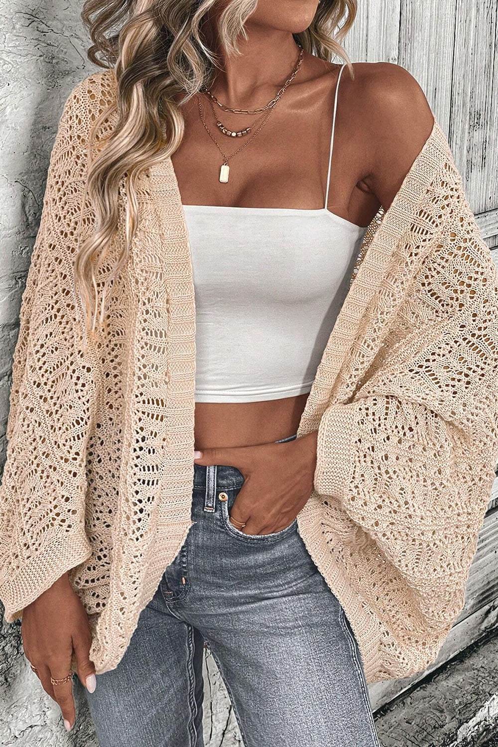 Openwork Open Front Long Sleeve Cardigan - Amexza