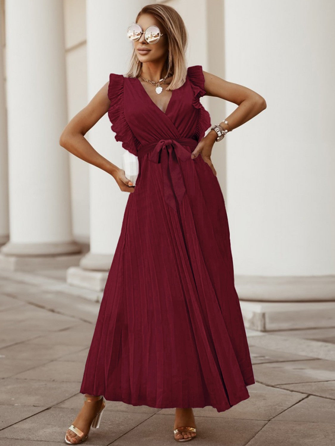 Tied Surplice Cap Sleeve Pleated Dress - Burgundy / S