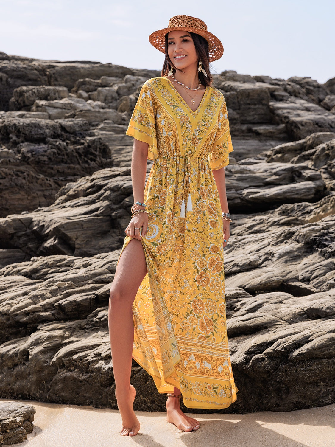 Drawstring Printed Plunge Half Sleeve Dress - Gold / S