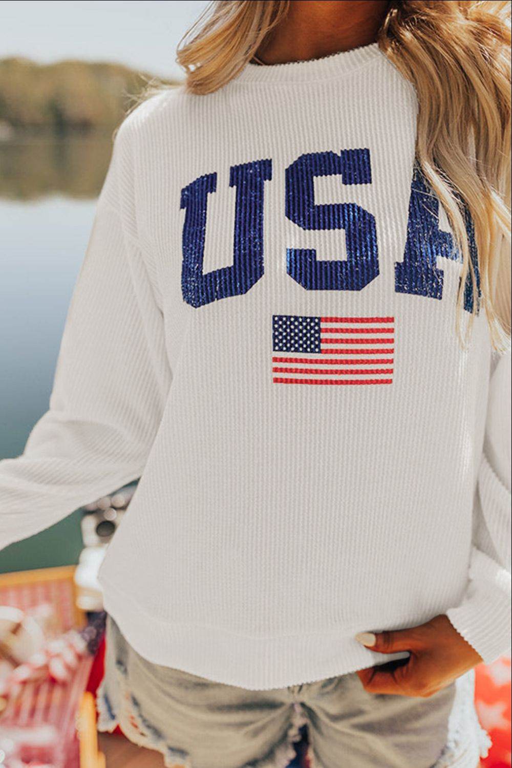 US Flag Corded Long Sleeve Sweatshirt for a perfect OOTD – dress to impress outfits from Amexza