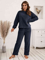 Ivy Lane Teddy Long Sleeve Top and Pants Lounge Set Dark Blue for a perfect OOTD – dress to impress outfits from Amexza