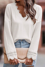 Lace Detail V-Neck Long Sleeve T-Shirt - Amexza