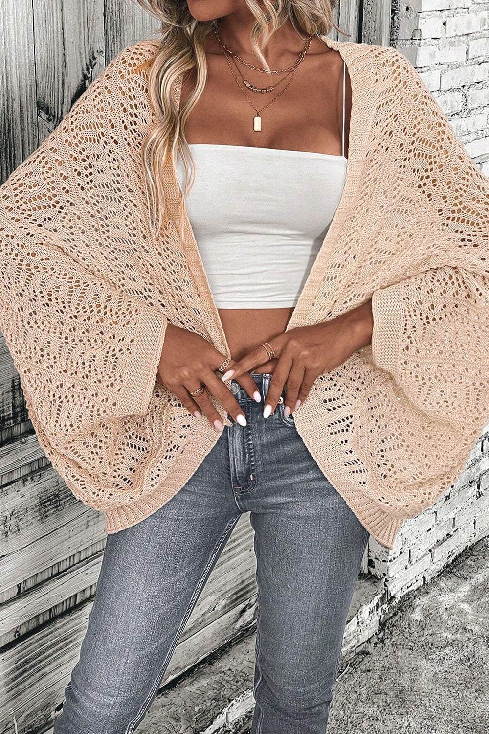 Openwork Open Front Long Sleeve Cardigan - Amexza