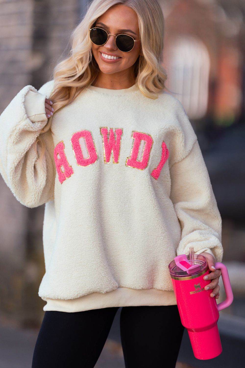 HOWDY Patched Round Neck Sherpa Sweatshirt - Amexza