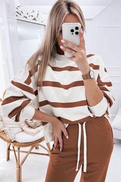 Striped Round Neck Long Sleeve Top and Pants Set for a perfect OOTD – dress to impress outfits from Amexza