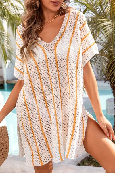 Angel Wings Openwork V-Neck Short Sleeve Cover Up for a perfect OOTD – dress to impress outfits from Amexza