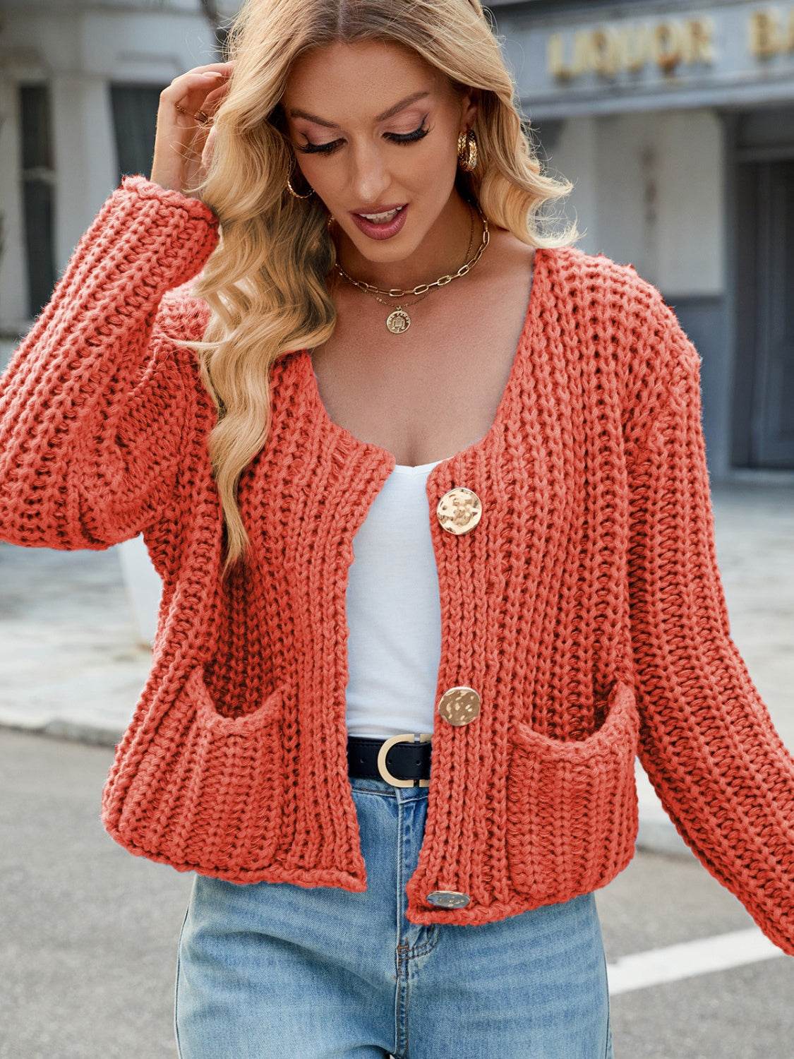 Round Neck Button Up Cardigan with Pockets - Amexza