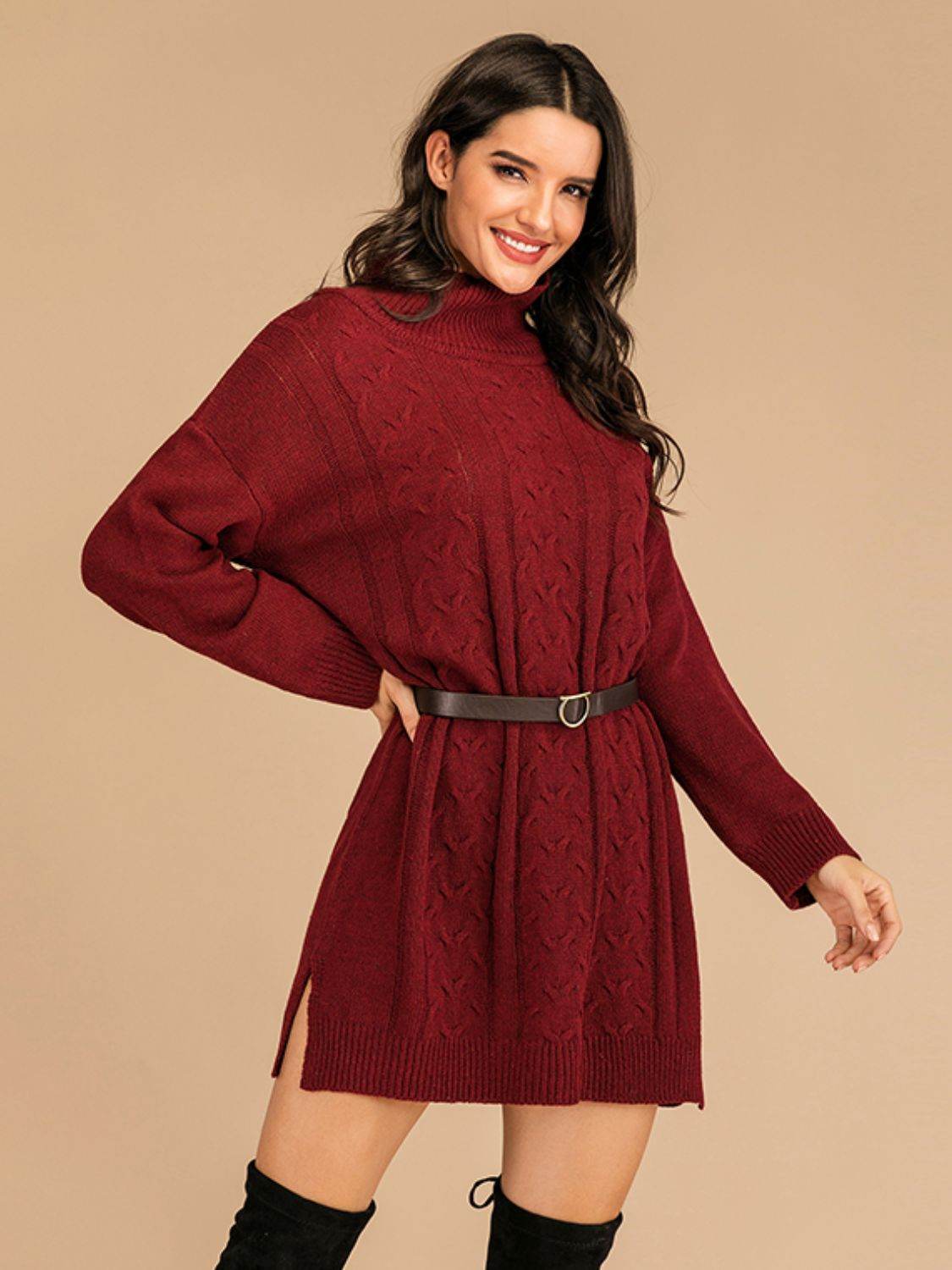 Perfee Slit Turtleneck Long Sleeve Mini Sweater Dress - Amexza