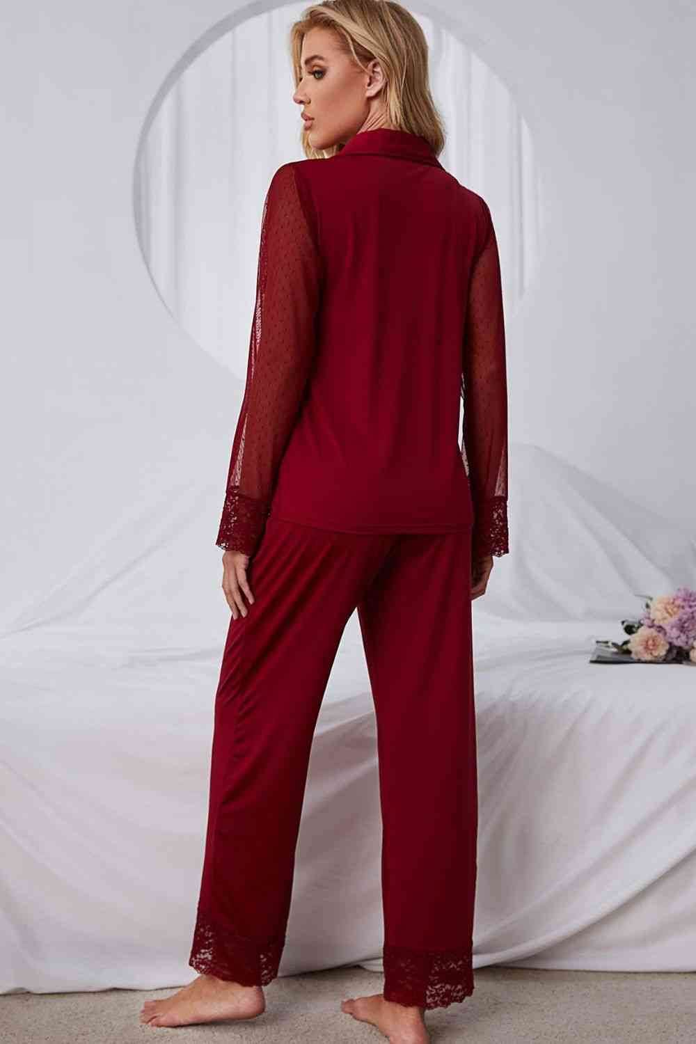 Spliced Lace Lapel Collar Pajama Set for a perfect OOTD – dress to impress outfits from Amexza