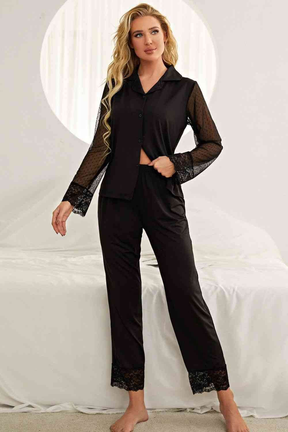 Spliced Lace Lapel Collar Pajama Set for a perfect OOTD – dress to impress outfits from Amexza