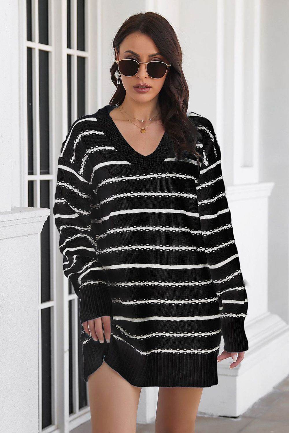 Striped V-Neck Sweater Dress for a perfect OOTD – dress to impress outfits from Amexza