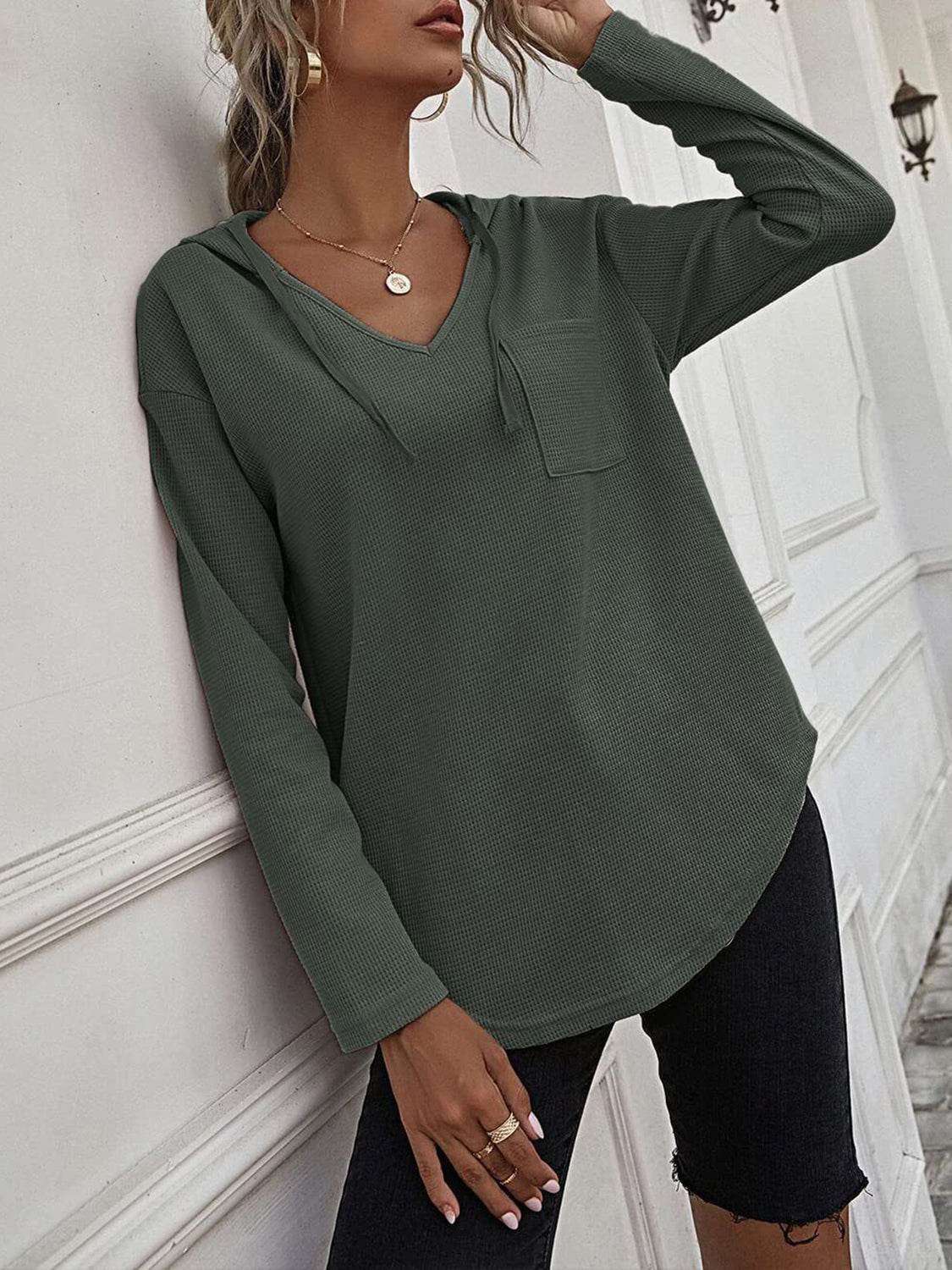 Drawstring Waffle Knit Long Sleeve Hooded Top Army Green for a perfect OOTD – dress to impress outfits from Amexza