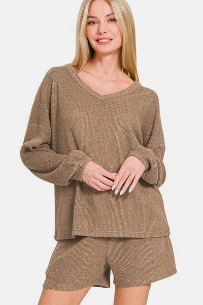 Zenana V-Neck Long Sleeve Ribbed Top and Shorts Set for a perfect OOTD – dress to impress outfits from Amexza