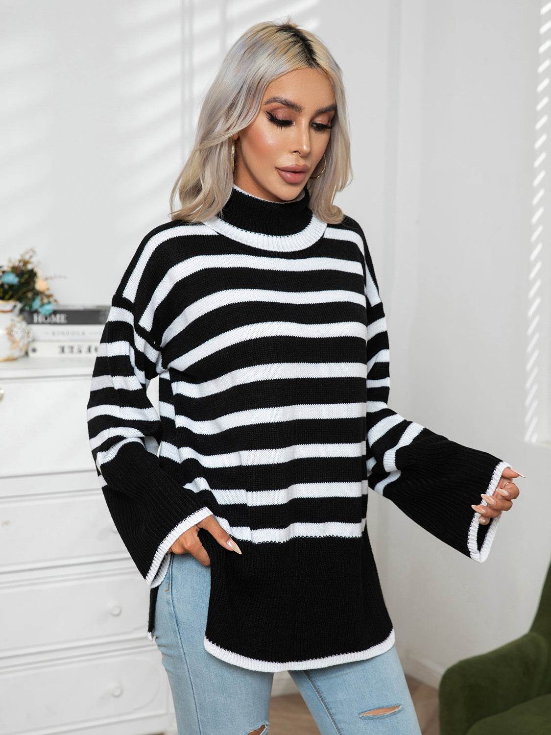 Striped Slit Turtleneck Drop Shoulder Sweater - Amexza