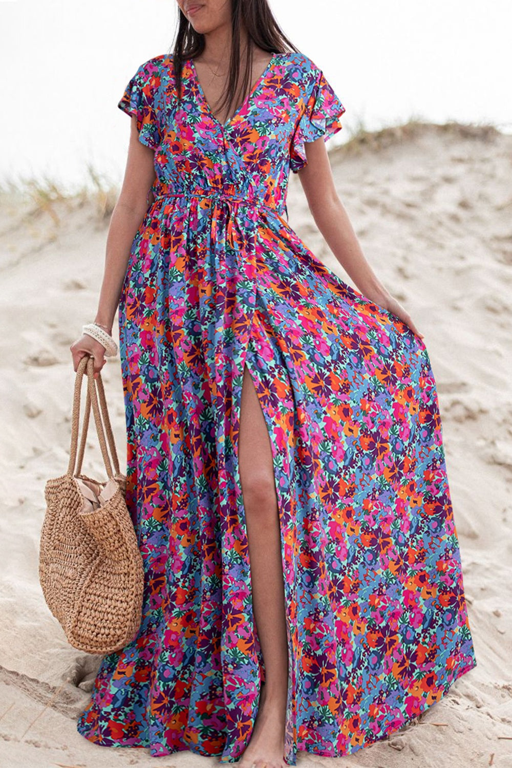 Slit Printed Cap Sleeve Maxi Dress - Floral / S