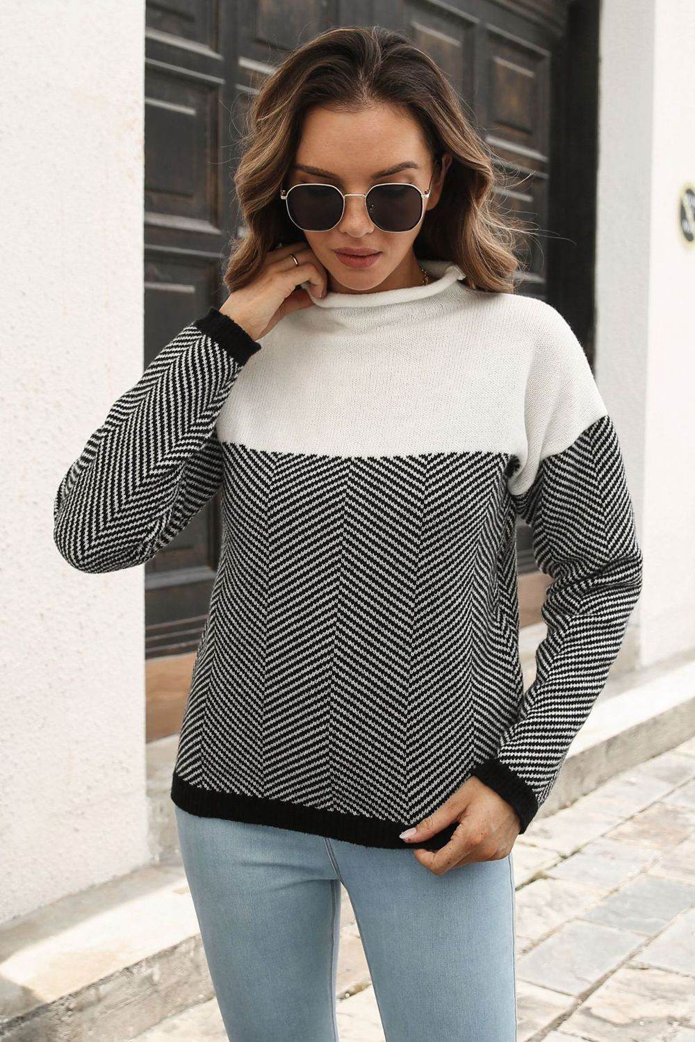 Two-Tone Mock Neck Dropped Shoulder Pullover Sweater for a perfect OOTD – dress to impress outfits from Amexza