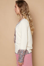 POL V-Neck Long Sleeve Floral Number Patch T-Shirt - Amexza