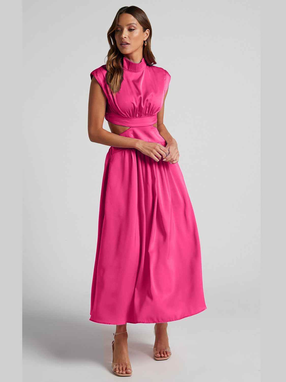 Cutout Mock Neck Sleeveless Ruched Dress Hot Pink for a perfect OOTD – dress to impress outfits from Amexza