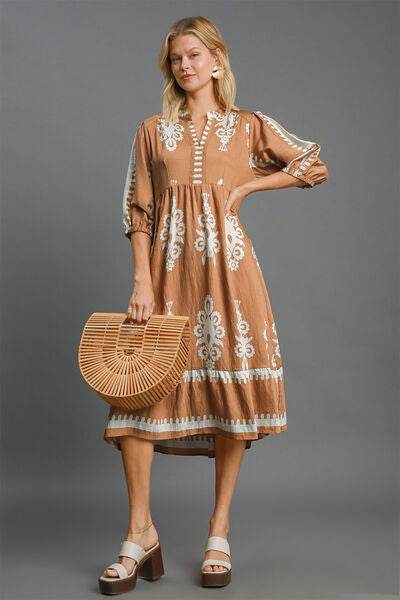 Umgee Full Size Printed Notched Midi Dress Mocha for a perfect OOTD – dress to impress outfits from Amexza