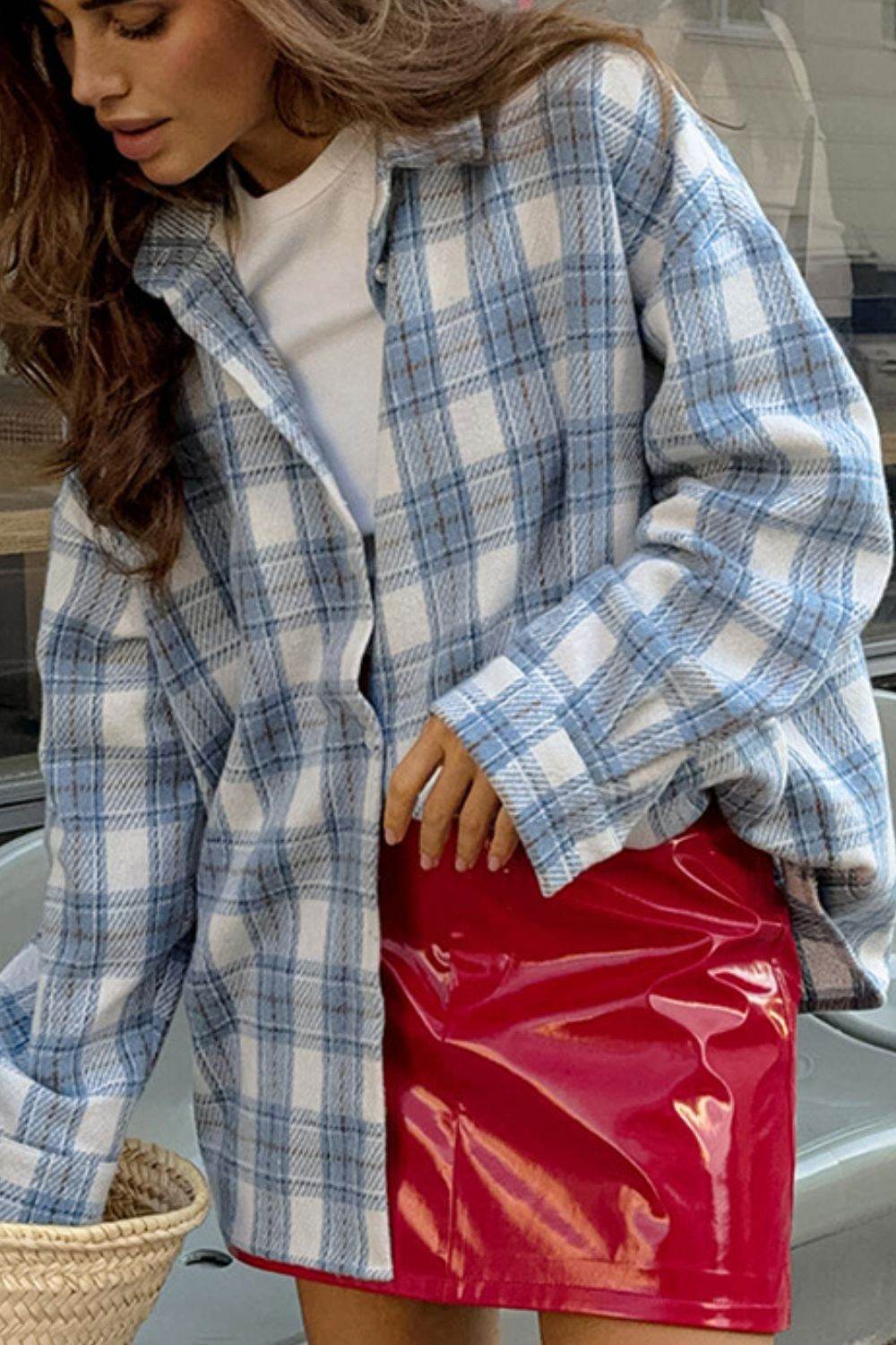 Plaid Button Up Long Sleeve Jacket Light Blue for a perfect OOTD – dress to impress outfits from Amexza