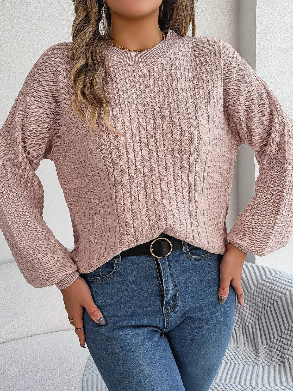 Cable-Knit Round Neck Long Sleeve Sweater for a perfect OOTD – dress to impress outfits from Amexza