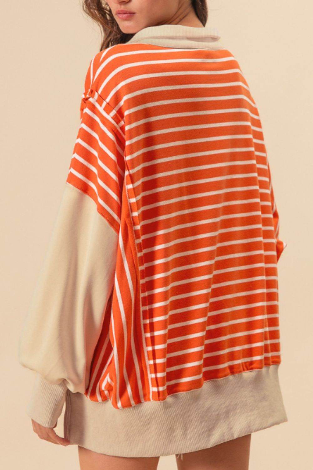 Striped Johnny Collar Long Sleeve Sweatshirt - Amexza