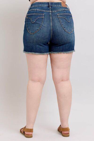 Judy Blue Tummy Control Fray Hem & Shield Back Pockets Denim Shorts for a perfect OOTD – dress to impress outfits from Amexza