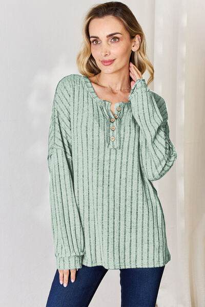 Basic Bae Full Size Ribbed Half Button Long Sleeve T-Shirt for a perfect OOTD – dress to impress outfits from Amexza