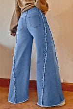 Raw Hem Wide Leg Jeans with Pockets - Amexza