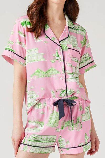 Collared Neck Printed Top and Drawstring Shorts Lounge Set Blush Pink for a perfect OOTD – dress to impress outfits from Amexza