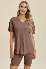 Basic Bae Full Size Ribbed V-Neck Short Sleeve Top and Shorts Set Taupe for a perfect OOTD – dress to impress outfits from Amexza