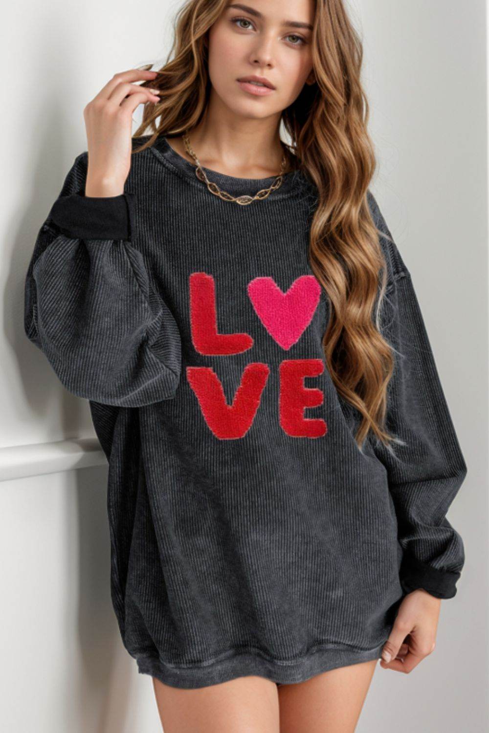 Valentine’s Day LOVE Round Neck Long Sleeve Sweatshirt Black for a perfect OOTD – dress to impress outfits from Amexza