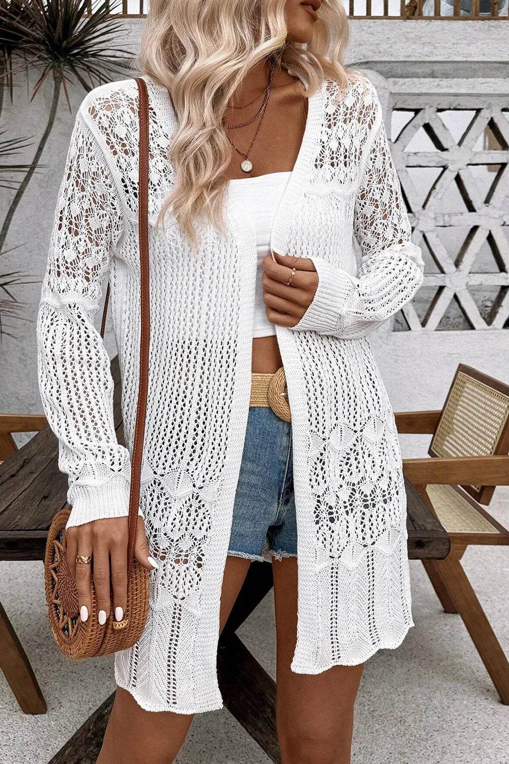 Openwork Open Front Long Sleeve Cardigan for a perfect OOTD – dress to impress outfits from Amexza