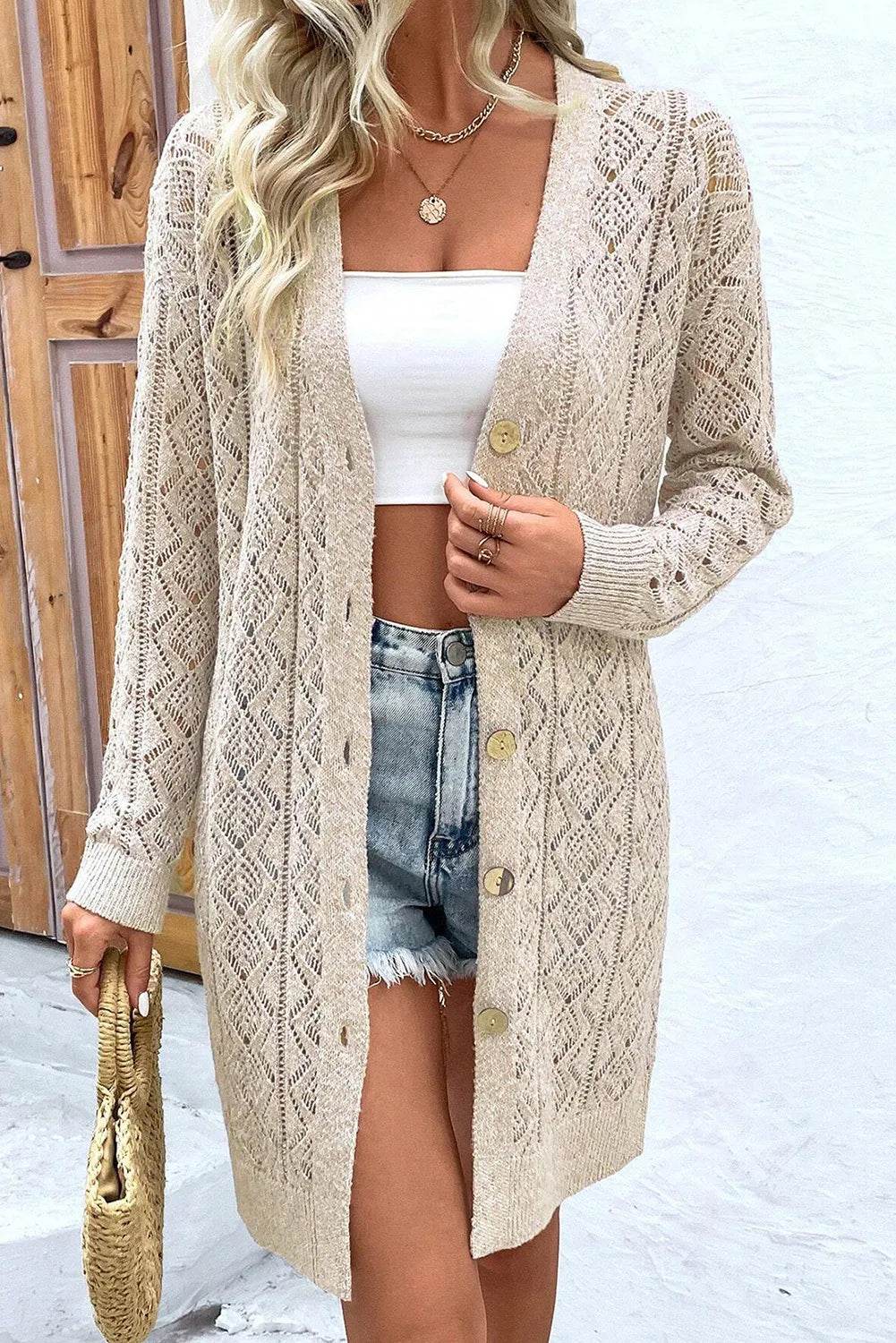 Openwork Button Down Long Sleeve Cardigan - Amexza