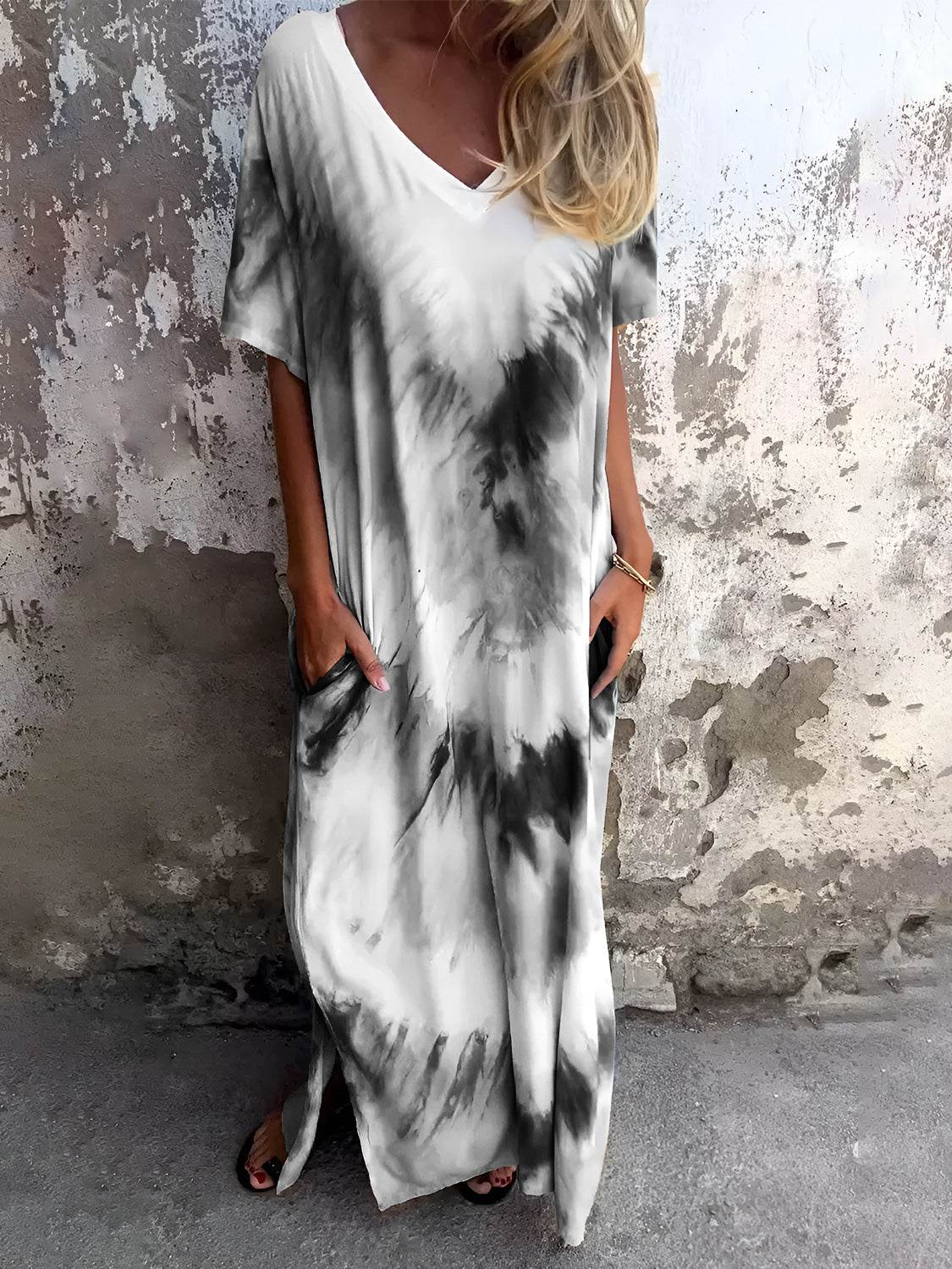 Full Size Pocketed Tie-Dye Short Sleeve Dress - Amexza