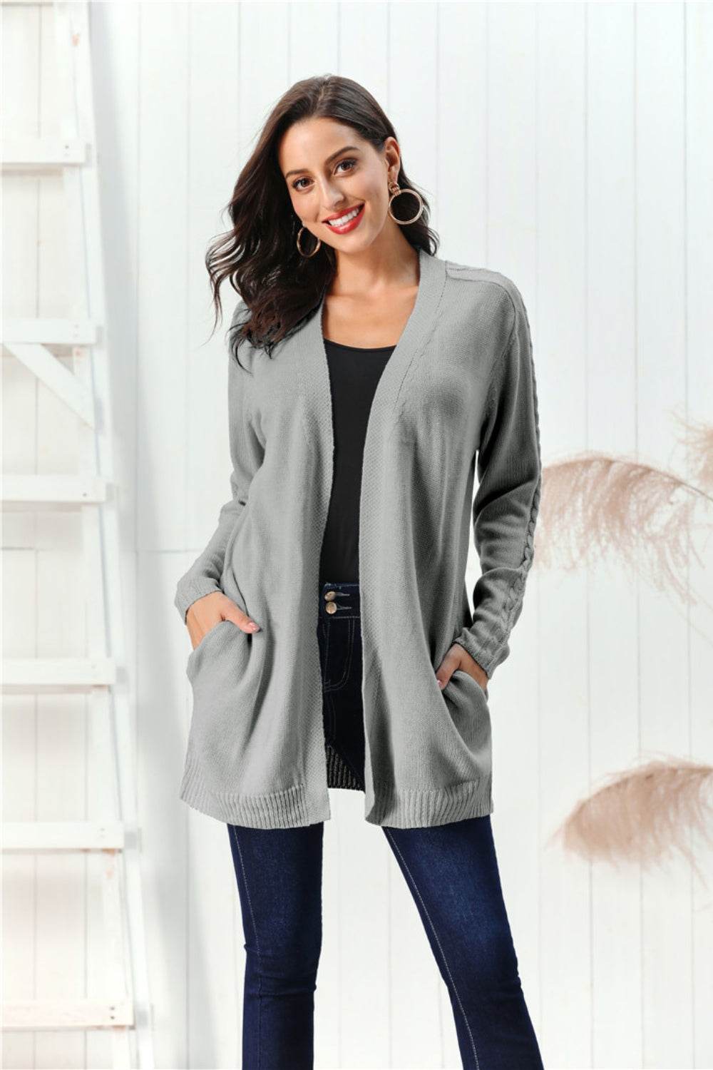 Cable-Knit Open Front Long Sleeve Cardigan for a perfect OOTD – dress to impress outfits from Amexza