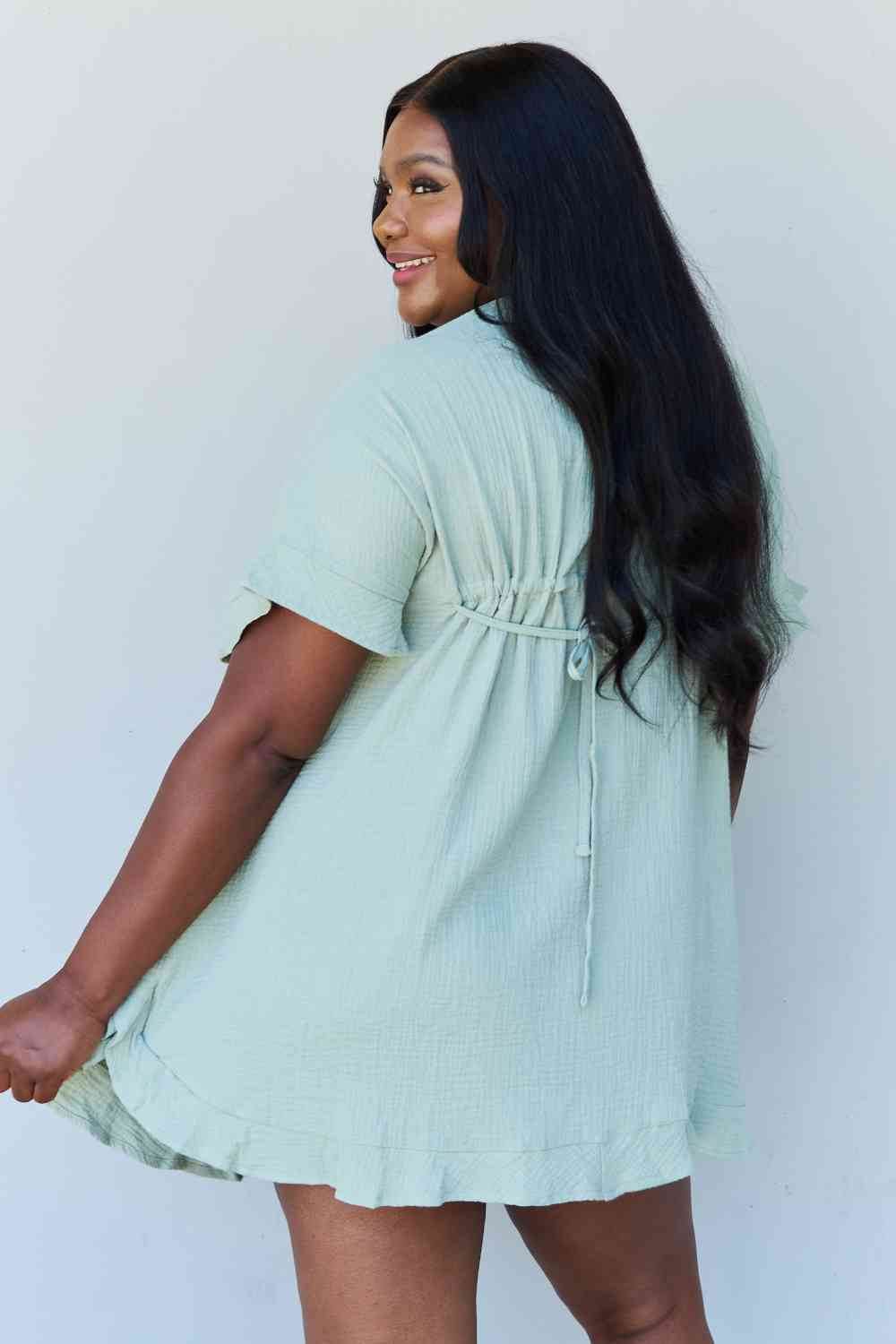 Ninexis Out Of Time Full Size Ruffle Hem Dress with Drawstring Waistband in Light Sage for a perfect OOTD – dress to impress outfits from Amexza