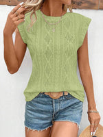 Openwork Round Neck Cap Sleeve Top - Amexza
