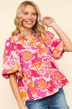 Haptics Full Size Frill Floral Puff Sleeve Blouse - Amexza