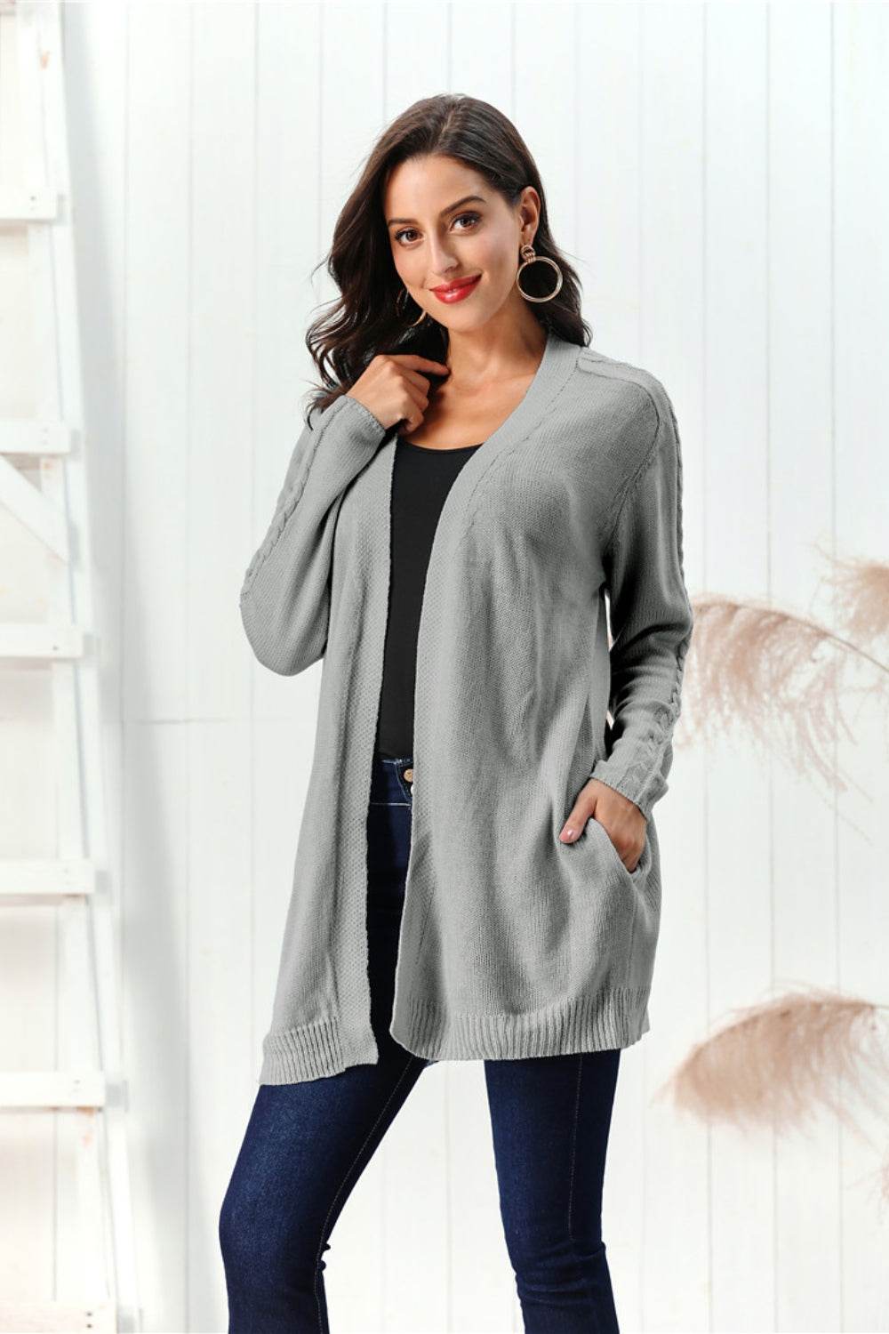 Cable-Knit Open Front Long Sleeve Cardigan for a perfect OOTD – dress to impress outfits from Amexza